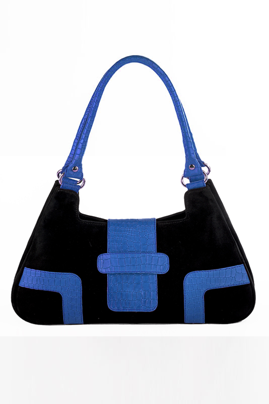 Matt black and electric blue women's dress handbag, matching pumps and belts. Top view - Florence KOOIJMAN